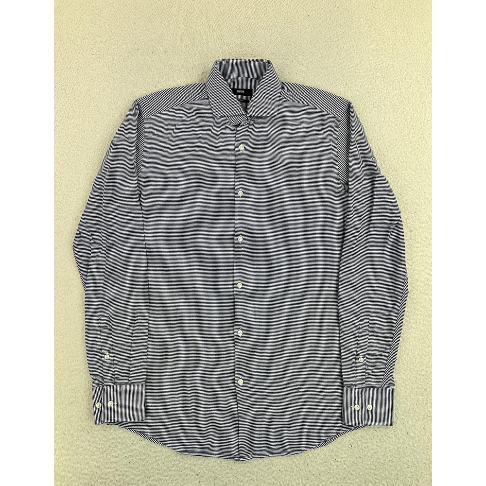 BOSS Hugo Boss Dress Shirt Mens 15.5 34/35 Blue Check Slim Fit Woven Cotton LS